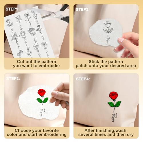49Pcs Birth Month Flowers Water Soluble Hand Sewing Stabilizers, 8.3"x11.7" Floral Name Embroidery Pattern Stabilizer, 4 Sheets English Sentences Stick and Stitch Embroidery Paper Sticker