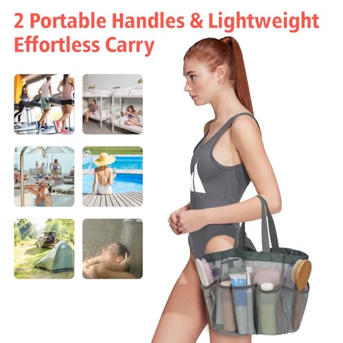 Mesh Shower Caddy Portable - 8 Pockets, S-Hook, Shower Bag for Dorm Camping - color: Grey, size: L (Classic Dorm Caddy)