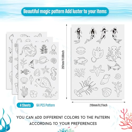 Magibeads 64 Patterns Sea Animal Fish Water Soluble Embroidery Patterns Jellyfish Koi Shell Conch Summer Ocean Beach Theme Stick and Stitch Embroidery Paper Wash Away for Beginners Starter - color: Sea Animal