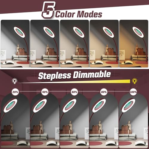 10X Magnifying Glass with Light and Stand, 5 Color Modes Stepless Dimmable LED Lighted Desk Lamp, Hands Free Flexible Gooseneck Magnifier with Light for Craft Hobby Painting Close Work - Red - color: Red, size: 10X-12.6in