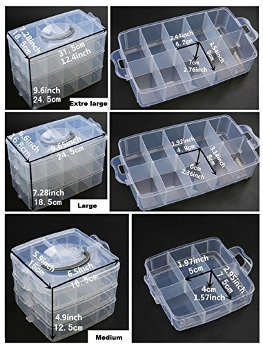 Kamay's Medium 3 Tier Stackable Adjustable Compartment Slot Bead Craft Jewellery Tool Storage Organiser Snap-lock Tray Container, with 18 Compartments, Container Box White - style: Medium 3 Tier 18 Compartments White