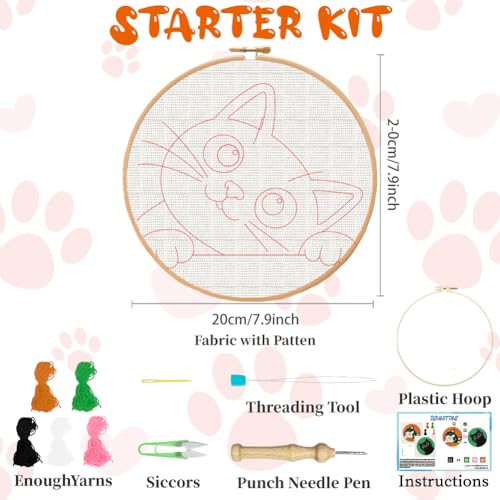 BEUNITONE 2Pcs Cute Cat Punch Needle Kit for Beginners, Starter Embroidery Kits with Frame & Instructions, Needle Felting Kit Poke Art for Adults DIY Handmade Craft for Coasters, Bags, Clothes Decor - color: 06-Peeking Cat