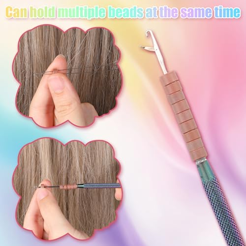 2 Pcs Extension Bead Loop Tool, Stainless Steel Loop Needle Pulling Hook, Needle Threader for Hair, Threader Wire Beads Closer, Micro Links Kit for Feather Extensions, Hairs Pulling Hooks