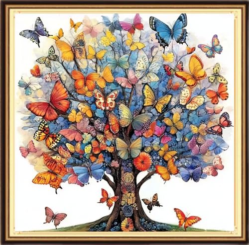 Redxing Counted Cross Stitch Kit for Beginners,Unprinted Needlepoint Kits for Beginners Cross Stitching Embroidery Kit 11CT Stitches kit-Butterfly Tree 18x18 inch - color: KitsColor10