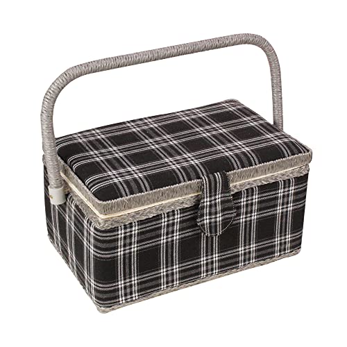 Sewing Basket with Floral Print Design - Sewing Kit Storage Box with Removable Tray, Built-in Pin Cushion and Interior Pocket - by Adolfo Design (Large - 12" x 9" x 6", Black Plaid) - color: Black Plaid, size: Large - 12" x 9" x 6"