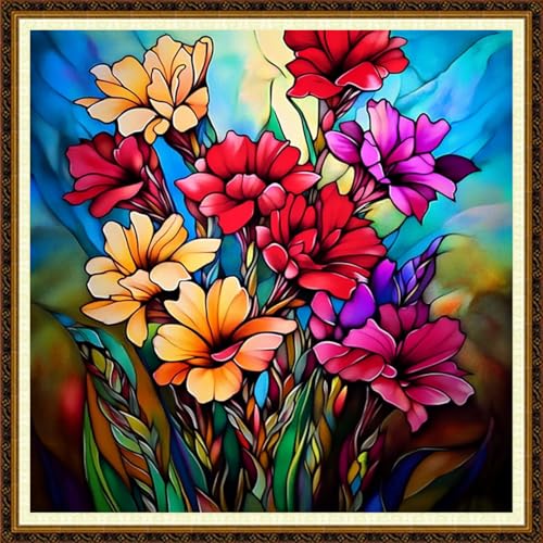 Redxing Counted Cross Stitch Kit for Beginners,Unprinted Needlepoint Kits for Beginners Cross Stitching Embroidery Kit 11CT Stitches kit-Colorful Flowers 18x18 inch - color: KitColors09