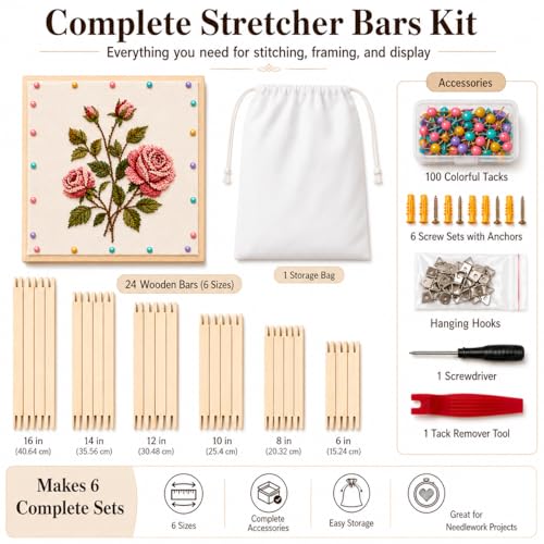 Qarrazwyi Needlepoint Stretcher Bars Kit, 24 Pcs Wooden Stretcher Bars for Needlework, 6 Sizes for Cross Stitch & Embroidery Canvas, 100 Tacks, Keeps Canvas Flat, Storage Bag
