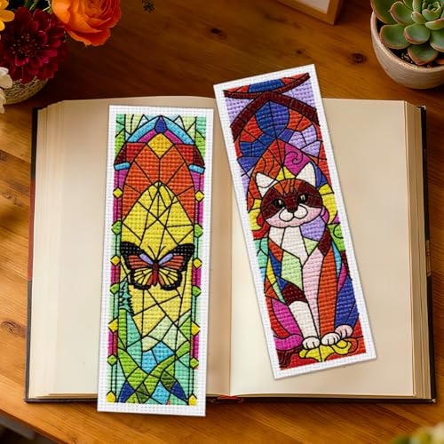 ORIGACH 6 Set Fantasy Stained Glass Cross Stitch Bookmark Kit for Beginner - style: Fantasy Stained Glass