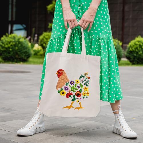 Louise Maelys Embroidery Kit, Canvas Tote Bag with Floral Hen Art Pattern - color: hen flowers