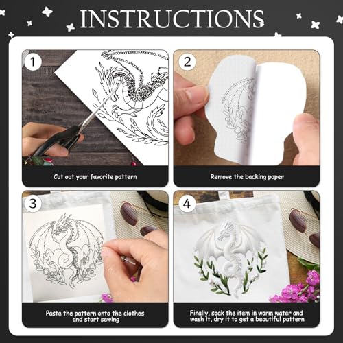 Rngmsi Water Soluble Embroidery Patterns - 6 Sheets Dragon Theme Stick and Stitch Embroidery Paper Designs, Fantastic Dragon Wash Away Transfer Paper Stabilizers for Hand Sewing Lovers
