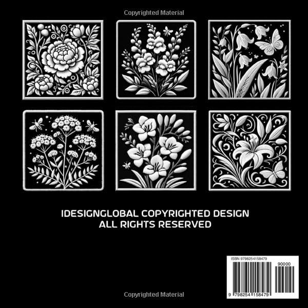 53 Embroidery Garden Flowers: Teens & Adults Coloring Book | Embroidered Patch Style | Botanical | Floral | Butterflies & Bees | Black Background (Midnight Black Background Coloring Series)