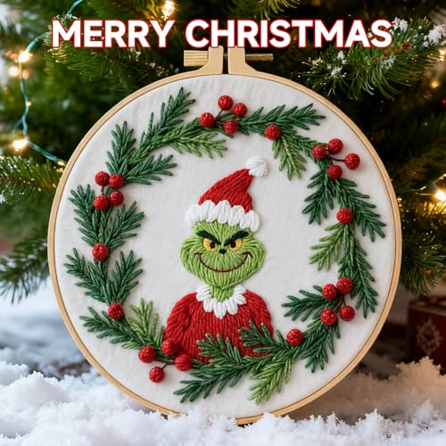 BBLYBD Christmas Embroidery Kit, 1 Set Cross Stitch Craft Kit for Beginners with Pre-Printed Embroidery Fabric, Hoop, Step-by-Step Instruction, Color Threads & Needles (Christmas-1 Set) - color: Christmas-1 Set