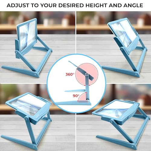 MagniPros 5X Large LED Hands-Free Full Page Magnifying Glass with Detachable Stand & 3 Color Light Modes to Reduce Eye Strain, Ideal for Reading Small Prints, Crafting, Low Vision & Seniors - color: Blue With Stand