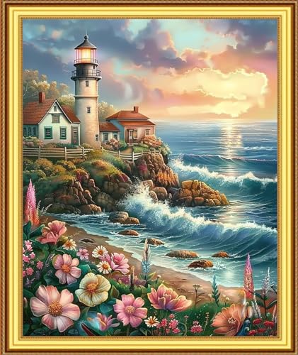 Foxnyart Stamped Cross Stitch Kits Full Range of Embroidery Needlework Starter Kits for Beginners Adults 11CT Embroidery Patterns Art Crafts DIY Needlepoint Kit-Seaside Lighthouse 16x20 inchs - color: DIYcolor19