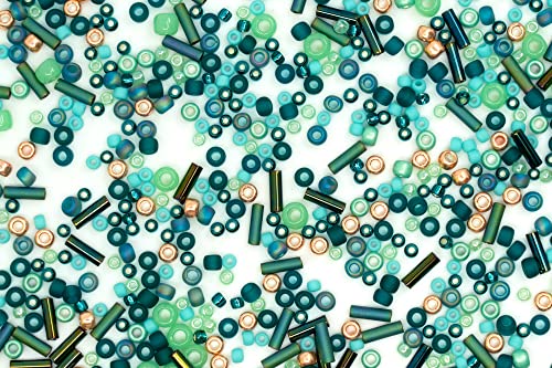 0.35oz (10g) Mix of Small Rocailles, Seed Beads & Bugles 2-10mm TOHO Japanese Glass Beads, Mix TOHO Teal Gold (Like 3222 - Tatsu Teal) - color: TOHO Teal Tatsu - Mixed (2-10mm)