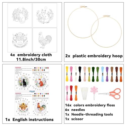 ORIGACH 4 Pcs Flower and Animal Embroidery Kit for Beginners - style: Flower & Animal