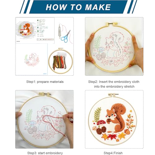 Zhenqing Squirrel with Pinecone Embroidery Kit for Beginners, Pre-Printed 29x29cm Cotton Fabric & 20cm Hoop, Cute Autumn Animal Design with Mushrooms & Maple Leaves(C0050)