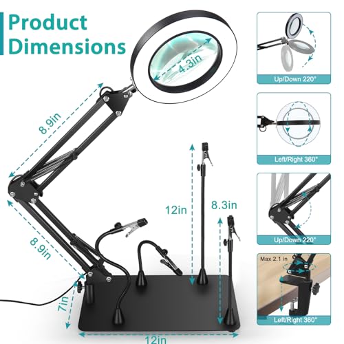 Helping Hands Soldering Station, 12X Magnifying Glass with Light and stand with 4 Magnetic Third Hand Soldering Tool, PCB Holder Magnifier Desk Lamp for Soldering Repairing Jewelry Crafts