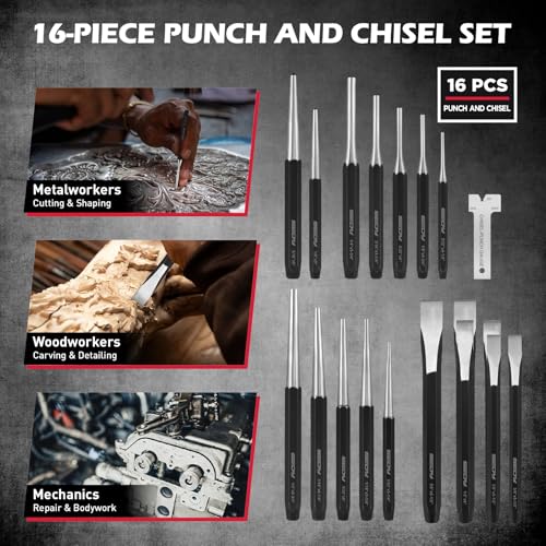25-Piece Punch and Chisel Set with Roll Pin Punches, Includes Taper, Pin, Center Punches & Cold Chisels for Metalworking, Automotive, and Craft Use - color: 25-piece Set With Roll Pin Punches