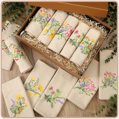 Tioncy 6 Pcs Floral Embroidery Napkins 18" Embroidery Flower Linen Cotton Napkin Bulk for Wedding Tea Cocktail Spring Flower Birthday Party Table Centerpiece Mexican Kitchen Curtain Decor (Linen) - color: Gray