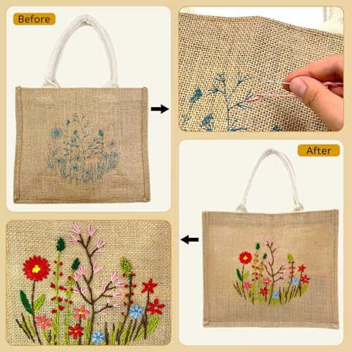 SNAIL GARDEN Linen Tote Bag DIY Embroidery Kit for Beginners with Scarf, Printed Cross Stitch Craft Kit with Thread, Needle & Guide – Reusable Grocery Bag for Women