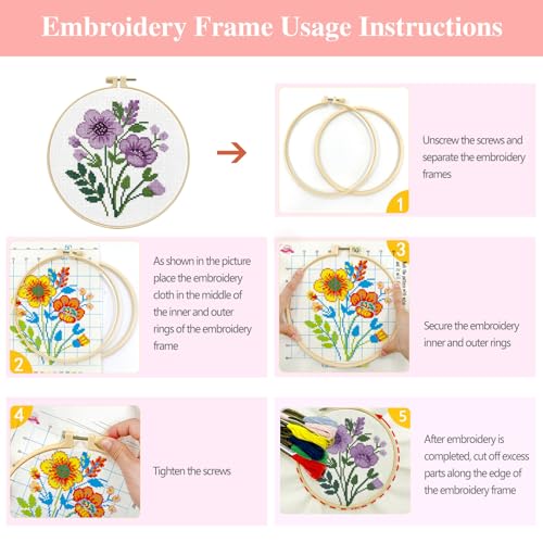 Zhenqing Purple Floral Bouquet Cross Stitch Kit for Beginners - 11CT 24x24cm Pre-Printed Pattern with Embroidery Hoop, Threads & Tools(70523) - color: Purple Floral Bouquet