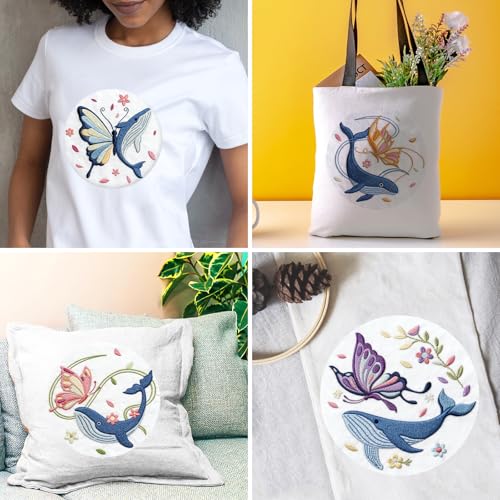 INFUNLY 4 Sets Embroidery Kit for Beginners with Butterfly and Whale Pattern DIY Embroidery Kit for Adults DIY Embroidery Set Cross Stitch Kit for Adults with Plastic Embroidery Hoops Threads Needles - color: Butterfly and Whale
