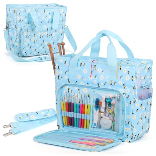 Aeelike Yarn Storage Bag Organizer, Large Crochet Tote Bag, Blue Flower - color: Blue Floral