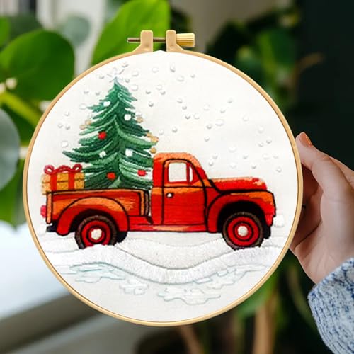 Zhenqing Christmas Red Truck Embroidery Kit for Beginners, Tree and Gifts Needlework Kit with Pre-Printed Fabric, Hoop, Threads & Tools (C0029) - style: Vintage Red Truck