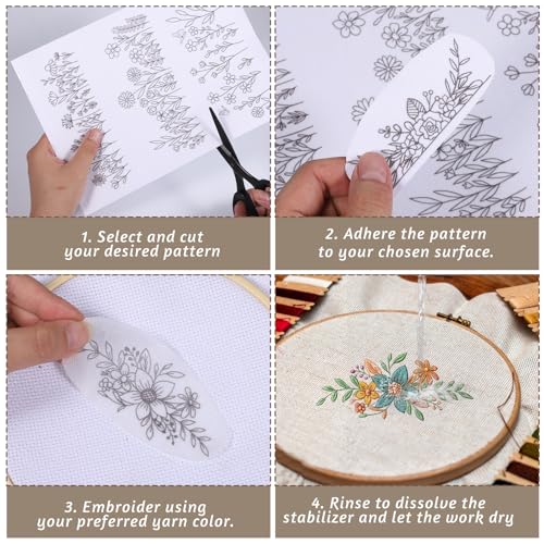 4 Sheets Water Soluble Stabilizer Embroidery Patterns Stick and Stitch Embroidery Flower Paper Floral Daisy Designs Wash Away Stabilizer Printable Draw Patterns for Hand Sewing Lover Beginners - style: A