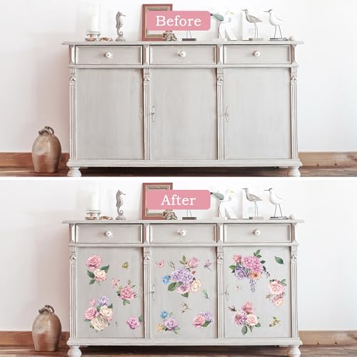 Joeyan Rub on Transfers for Crafts and Furniture - 2 Large 12"x18" Sheets Decorative Flower Stickers and Decals, DIY Home Decor for Wood Glass Metal Canvas Porcelain Paper Plastic, Rose Fantasy - style: Rose Fantasy