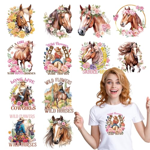 Horse Dtf Transfers Ready to Press - Wxiben 12 Sheets Western Cowgirl Iron on Transfers for Tshirts Farmhouse Animal DTF Heat Transfer Vinyl Stickers Flower Iron on Decals for Clothing T-Shirts DIY - style: Horse