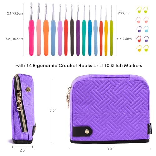 MYBAGZING Ergonomic Crochet Hook Set with Case 14 Sizes 2mm-10mmCrochet Kit - color: Purple, size: Case (14 Crochet Hooks)