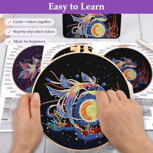 Uniartfy 3 Sets Hand Embroidery Starter Kits for Beginners Adults, Goldfish Stamped Cross Stitch Kit, DIY Needlepoint Kit with Cloth, Hoop,Threads and Instruction, Easy to Learn Embroidery Starter Kit - color: Embroidery Kit-N