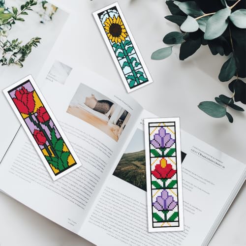 INFUNLY 6 Set Rose Window Cross Stitch Bookmark Kits for Beginners DIY Red Rose Embroidery Bookmark Kits with Instructions Flower Window Pre-Printed Bookmark Kit for Book Lovers Readers Women Gifts - style: Rose Window