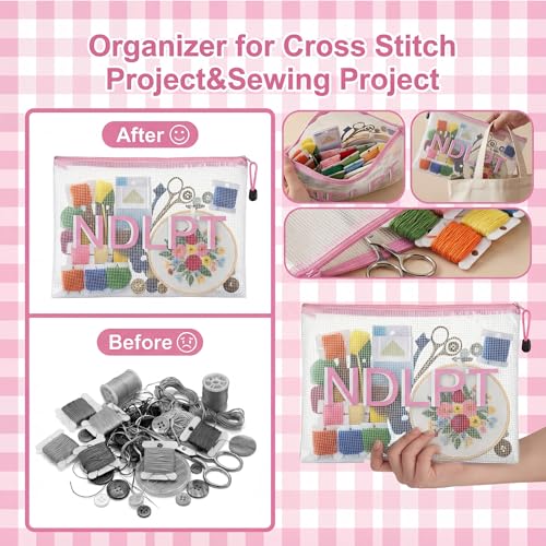 Sabary 2 Pcs Needlepoint Project Bag Clear Mesh Zipper Organizer, Pink - color: Pink