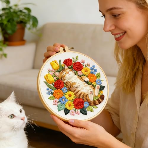 BEUNITONE 6 Set Cat and Flowers Embroidery Kit for Adults Beginners, Pre-Stamped Pattern Needlepoint Kits with Hoop, Tools, Instruction, Hand Embroidery Kits for Gifts, Fabric and Home Decor 7.9x7.9 - style: Cats Flowers