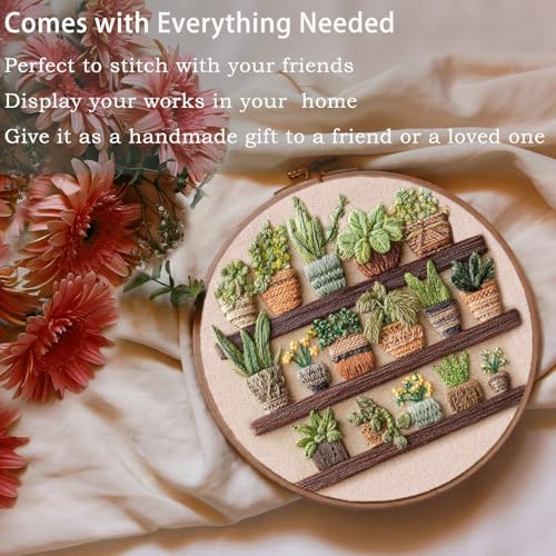 FONNUY Green Plant Embroidery Kit, Petite Potted Plants Patterns, Cross Stitch Kits for Adults and Beginners, Handmade Crafts with Printed Pattern Set, Thread Needlework, 8'' Hoop (Greeen A03) - color: Greeen A03