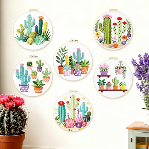 BEUNITONE Cactus Embroidery Kit for Beginners, 6PC Succulent Plant Themed Needlepoint Kits for Adults with Hoops, Threads, Needles, Instructions and Full Kits, DIY Home Decor Craft Gift for Adults - style: Cactus