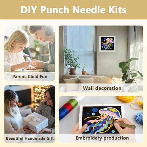 DOODLREAM Color Jellyfish Needle Kit for Beginner, 9.4"x 9.4" Marine Life Punch Stitching Craft Set, Color DIY Embroidery Starter with Printed Frame, Instruction, Threader, Yarn, Pinch Needle - color: Jellyfish