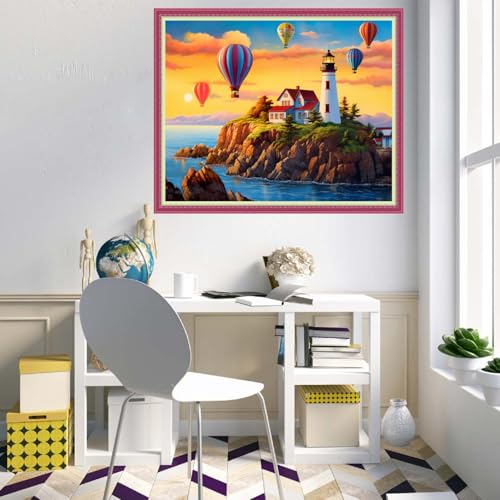 Disnesart Cross Stitch Stamped Full Embroidery Kits DIY 11CT Cotton Thread Printed DIY Needlepoint Kits Craft Needlework Set Cross-Stitch Stamped Sets-Seaside Lighthouse hot air Balloon 16x20 inch - color: Stylepattern01