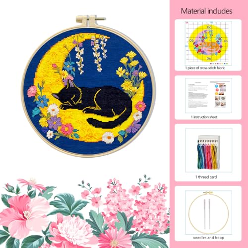 LSLFQYQSK Beginners Embroidery Kits - The Little Cat at Night DIY Cross Stitch Kits,Including,Stamped Flower Patterns,Hoop,Color Threads,Tools (Style A) - style: Style A