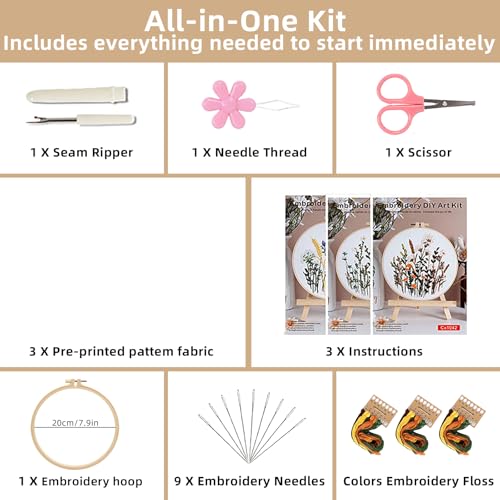 Herdiese Embroidery Kit for Beginners with 3 Floral Patterns - color: Flower-B (3 Pack)