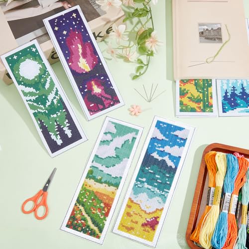 INFUNLY 6PCS Landscape Cross Stitch Bookmark Kit for Adults Mountain Cross Stitch Kits DIY Crossstitch Kits Natural Scenery Stamped Embroidery Bookmark Kit with Instructions for Book Lovers Readers - style: Scenery