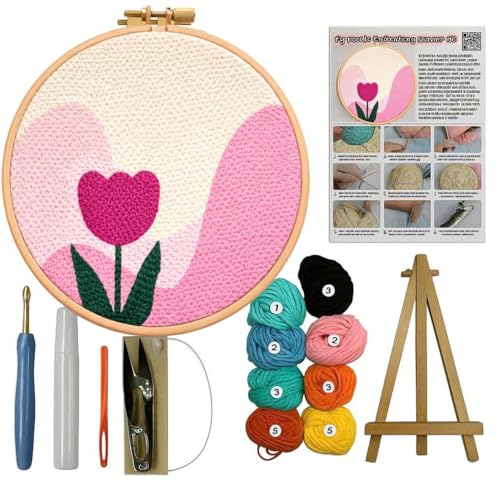 CELCRAFTIQUE Punch Needle Kits for Adults Beginner, Tool with Punch Needle Fabric, Hoops, Yarns and Sewing Needles (Blush Tulip) - color: Blush Tulip