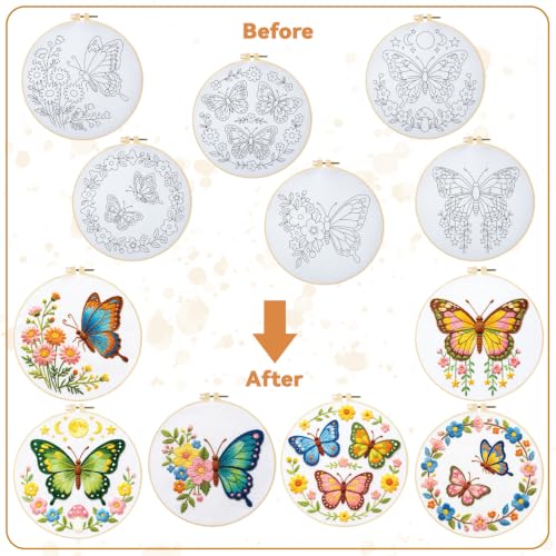 BEUNITONE 6 Set Embroidery Kit for Beginner Adults, Colorful Butterfly Floral DIY Cross Stitch Set with Stamped Pattern Hoops Threads Cloth Needles, Embroidery Starter Kit for Home Decor and Gifting - style: Butterfly