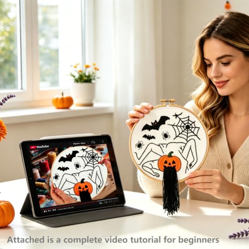 Halloween Embroidery Kits for Beginners Adults, Spooky Spider Bat Embroidery Kits, Stamped Cross Stitch Kits Needlepoint Kits for Adults Woman Halloween Gifts, Embroidery Hoop, Thread, Video Tutorial - color: H2076