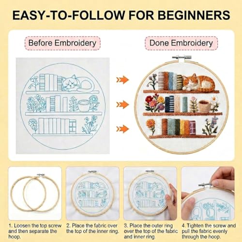 TopHand Reading Tracker 8" Embroidery Kit for Beginners, DIY Bookshelf Stamped Cross Stitch Kit with Blank Spines to Customize, Hand-Stitched Bookish Decor, Floral Threads (Flowers + Books + Cats)