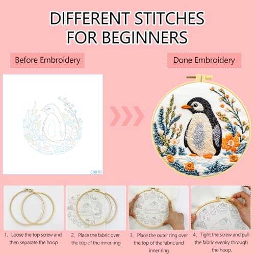 Zhenqing Penguin Embroidery Kit for Beginners, Cute Penguin Needlework Craft with Pre-Printed Cotton Fabric, Hoop, Threads & Tools, Animal Decor (C0070) - color: Penguin in Bloom