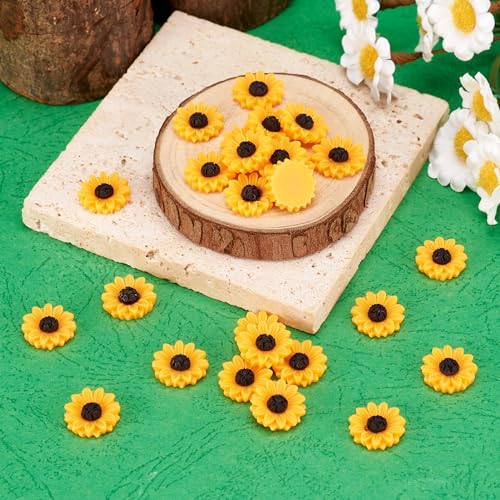 Beadthoven 50Pcs 15mm Flatback Resin Sunflower Cabochons Undrilled Floral Cameo Charms for Jewelry Embellishment Scrapbooking Supplies Dark Orange - color: 0Sunflower-Orange#15mm